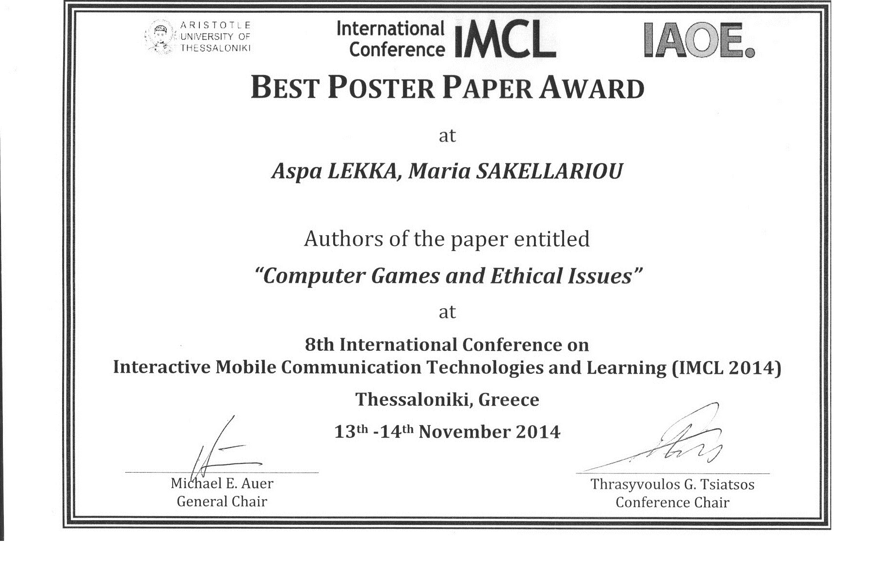 Best Poster Paper Award -A.LEKKAM.SAKELLARIOY